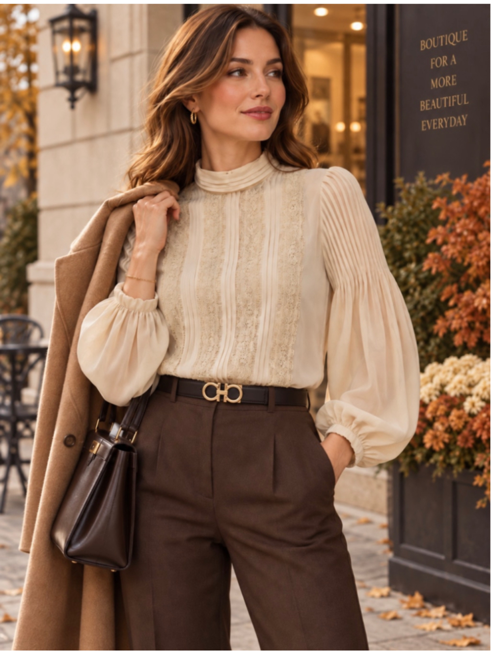Banana Republic Women’s M Oyster Lace Pintuck High Neck Long Sleeve Blouse